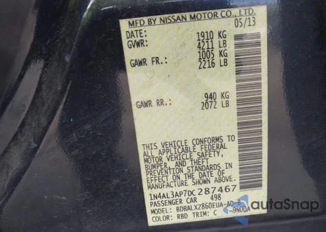 2013 Nissan Altima 2.5 Sl z USA, uszkodzony, nr VIN 1N4AL3AP7DC287467